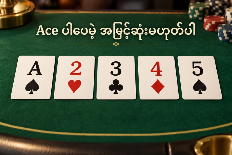 မတူညီသော suit များရှိသော A၊2၊3၊4၊5 ကတ်ငါးကတ်ကို အစဉ်လိုက်တင်ထားသော poker စားပွဲ