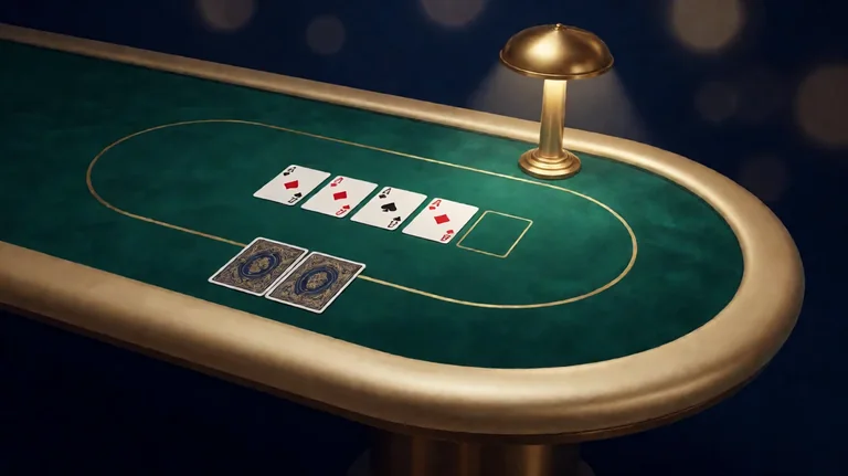 ရွှေရောင်အနားသတ်ပါသော အစိမ်းရောင် poker စားပွဲအလယ်တွင် community ဖဲ လေးချပ် ဖွင့်ထားပြီး ပဉ္စမဖဲ နေရာ လွတ်နေကာ စားပွဲအစွန်းတွင် ဖဲနှစ်ချပ် မှောက်ထားသော အယူအဆပုံ