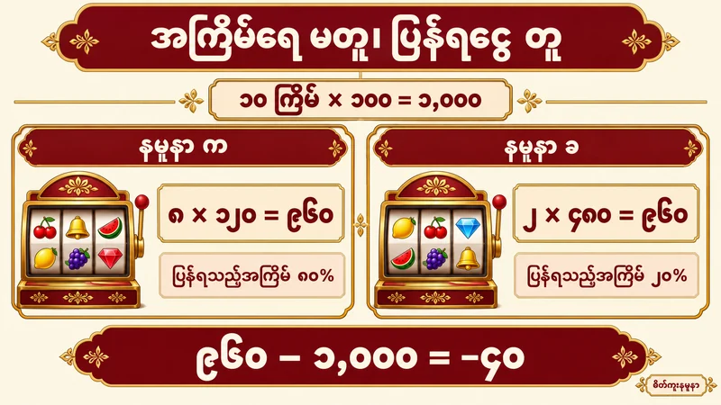 နမူနာ က တွင် ရှစ်ကြိမ်နှင့် ခ တွင် နှစ်ကြိမ် ပြန်ရသော်လည်း နှစ်ခုလုံး စုစုပေါင်း ၉၆၀ ပြန်ရပြီး အသားတင် ၄၀ ဆုံးရှုံးကြောင်း ပြထားသော ပုံ